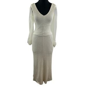 VTG Talk of the Walk Cream Long Sleeve Dress V-Neckline Sparkle Stretch Size S